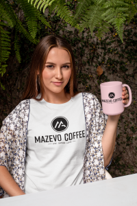 Mockup Of A Trendy Woman Wearing A T Shirt While Holding A 15 Oz Mug 27509 - Stickersandmore.com